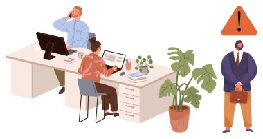 Two coworkers at desk working on laptops, a warning sign nearby, concerned figure standing aside. Ideal for workplace issues, team dynamics, risk management, communication, job stress