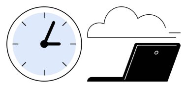 Clock pointing time, laptop, and cloud outline convey productivity, remote work, data storage, time tracking, digital efficiency. Ideal for technology, workflow collaboration planning modern