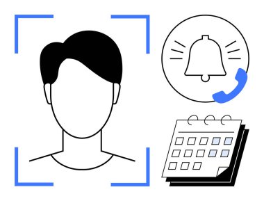 Person inside a facial recognition frame, notification alert with bell and call icon, and a calendar. Ideal for tech, organization, reminders, automation, planning security AI. Simple flat metaphor