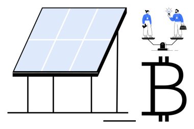 Solar panel highlighting renewable energy, Bitcoin symbol for cryptocurrency, scales with people discussing innovation. Ideal for finance, sustainability, technology, cryptocurrency, energy