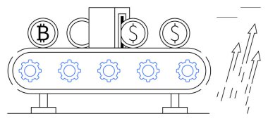 Conveyor belt with bitcoin, dollar coins, and cash symbols, gears beneath, and ascending arrows indicating growth. Ideal for finance, cryptocurrency, innovation, investment technology automation