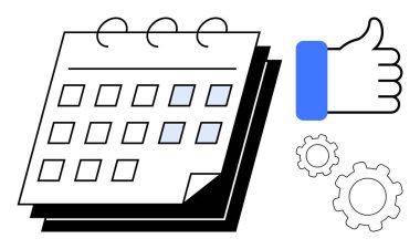 Calendar with highlighted dates, thumb up for approval or success, and gears signifying operational processes. Ideal for planning, scheduling, productivity, workflow, organization, efficiency simple