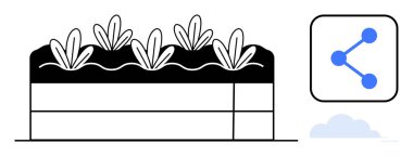 Raised gardening bed with plants, sharing network graphic, and cloud element. Ideal for gardening, sustainability, eco-friendly practices, collaboration, innovation, social connection simple landing