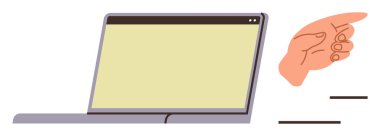 Hand gesturing toward a laptop with a blank yellow screen in minimalistic style, symbolizing decision-making or presentation. Ideal for technology, guidance, direction, education, productivity