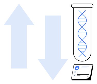 DNA helix inside a test tube, upward and downward arrows indicating directions, and checklist icon representing data reliability. Ideal for genetics, health science, analysis, research