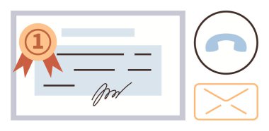 Certificate featuring a ribbon and signature, alongside phone and email icons. Ideal for achievement, certification, awards, education, communication, professionalism and success concepts. Simple