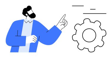 Bearded man pointing at a cogwheel, suggesting teamwork, process flow, or automation ideas. Ideal for business, management, strategy, collaboration, improvement technology and simple landing page