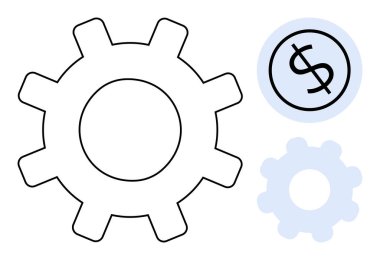 Large gear, small blue gear, and dollar sign highlight financial growth, process optimization, and teamwork. Ideal for business, management, investment economy industry collaboration. Simple flat