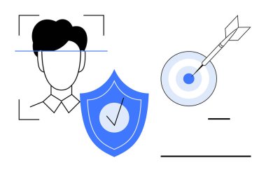 Biometric face scan under focus, blue shield with checkmark for safety, and dart hitting bullseye for precision. Ideal for privacy, cybersecurity, biometric technology, goal setting, accuracy