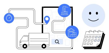 Delivery truck following a mapped route with factory, warehouse, stopwatch, calendar, and smiling face icons. Ideal for logistics, supply chain, delivery, distribution efficiency planning simple