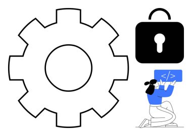 Gear symbolizing engineering, padlock for security, coder building software, interconnected themes. Ideal for technology, coding, security, data protection, software solutions engineering concept