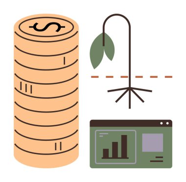 Coin stack representing finance, drying plant symbolizing environmental challenges, and bar graph depicting analytics. Ideal for economics, sustainability, business growth, finance, resource