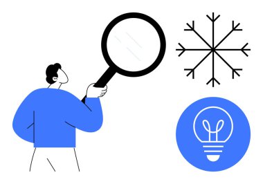 Person holding magnifying glass examining concepts represented by a snowflake and light bulb icon. Ideal for creativity, inspiration, analysis, innovation, curiosity, learning, simple landing page