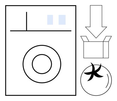 Washing machine illustration with water flow, packaging box, and spinning drum. Ideal for home appliance, cleaning, laundry, logistics, process product design or packaging themes. Simple flat