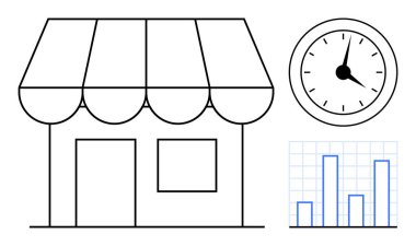 Storefront with striped awning, clock face indicating time, and bar chart representing data analytics. Ideal for small business, time management, productivity, planning, retail, strategy success