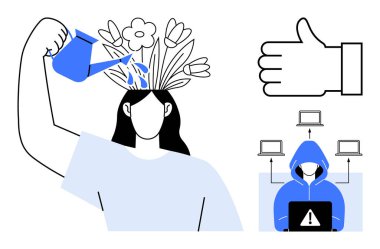 Woman nurturing creativity with watering can and flowers, thumbs-up symbol for approval, and hooded hacker surrounded by laptops. Ideal for growth mindset, security awareness, fostering creativity