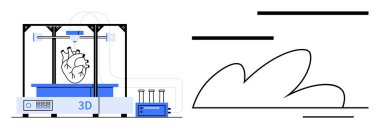 3D printer producing detailed human heart model with precision. Ideal for healthcare, biotechnology, innovation, engineering, medical research, technology advancement, futuristic science. Simple flat