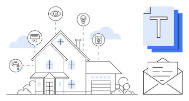 Modern house with IoT devices connecting utilities, security, and energy. Home automation icons, water, lights, and mail. Ideal for technology, convenience communication smart living IoT