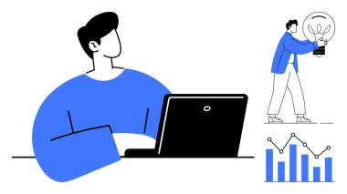 Male figure at laptop, bar chart, walking figure holding lightbulb for idea. Ideal for innovation, work, analytics, creativity, entrepreneurship strategy data insight. Clean simple flat metaphor
