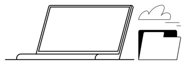 Minimal laptop, cloud, and file folder convey data transfer, cloud storage, and productivity. Ideal for technology, communication, remote work, data management accessibility file sharing simple
