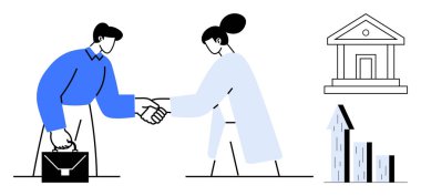 Businesspeople shaking hands, briefcase, banking institution, and upward graph. Ideal for collaboration, finance, investment, business deals, partnerships economic growth simple landing page