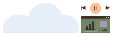 Cloud icon beside analytics dashboard with bar graph and media playback controls. Ideal for cloud computing, data analytics, streaming, media controls, interactive technology, digital tools, simple