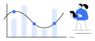 Line graph with data points overlaying bar chart. Woman reviewing analytics on a tablet. Ideal for data analysis, performance review, business growth, education, statistics, presentation, simple
