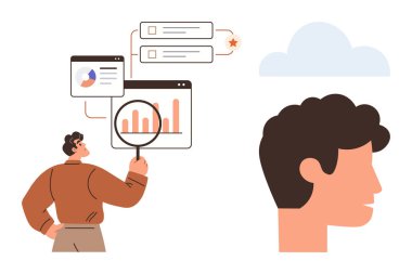 Man examining analytics dashboard with charts under a magnifier. Head silhouette and cloud signify ideas, innovation, and cloud technology. Ideal for data analysis, creativity, business strategy