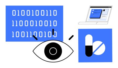 Binary digits, magnifying glass, eye, medical capsule, and web layout highlight data analysis, vision, health tech and digital research. Ideal for technology medicine coding and analytics. A