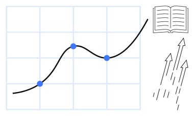 Line graph with data points showing upward trend, open book symbolizing knowledge, arrows for progress. Ideal for education, business, analytics, growth, strategy research success. Simple flat
