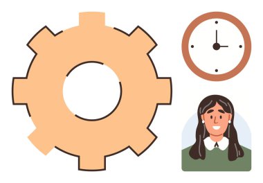 Large gear icon, clock, and smiling woman symbolize productivity, time management, teamwork, efficiency, planning, organizational skills and work-life balance. Simple flat metaphor