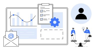 Graphs, checklist on clipboard, settings gear, emails, avatar, colleagues balancing work. Ideal for teamwork, analytics productivity workflow planning strategy management. Simple flat metaphor