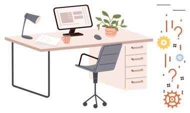 Office desk featuring computer, desk lamp, chair, mug, documents, and plant. Abstract question marks and gears symbolize creativity, problem-solving and productivity. Ideal for workspace office