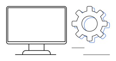 Computer monitor with a large gear indicating processes, system settings, operations, or maintenance workflows. Ideal for technology, IT, management, development, engineering optimization simple