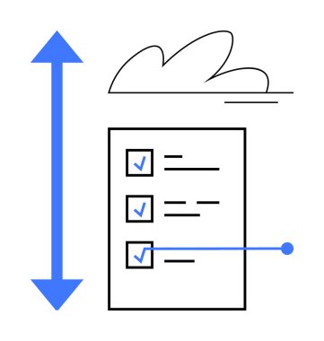 Checklist with marked tasks, upward-downward arrow for size adjustment, and cloud icon. Ideal for organization, planning, productivity, task tracking, scheduling, workflow management project