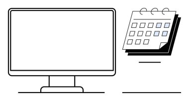 Large desktop monitor beside a spiral-bound desk calendar with grid dates. Ideal for productivity, planning, scheduling, office work, digital organization, time tracking, task management. A clean