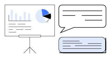 Presentation board with bar graph and pie chart, speech bubble, and text box. Ideal for communication, analytics, collaboration, teamwork, education digital marketing knowledge sharing. Simple flat