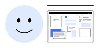 Smiling face beside a structured workspace layout on a digital platform with checklists, windows, and forms. Ideal for user experience, productivity, organization, technology, design, human-interface