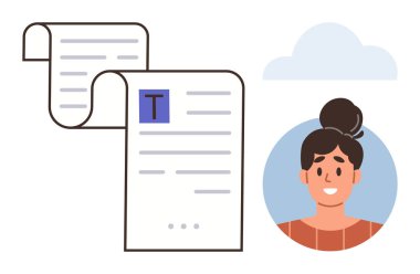 Scrolling document with written content beside smiling female user avatar under cloud. Ideal for collaboration, online communication, content management, digital tools, user interface, cloud