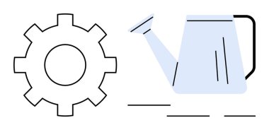 Simplified gear and watering can symbolizing growth, efficiency, and productivity. Ideal for innovation, improvement, nurturing, teamwork, agriculture sustainability and process development. Simple