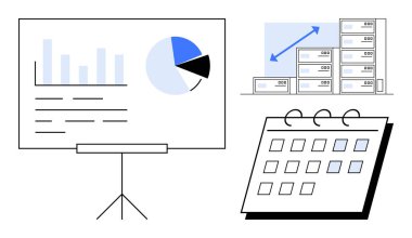 Graphs on tripod stand, stacked servers with growth arrow, and calendar grid. Ideal for analytics, strategy, management, planning, organization technology forecasting. Clean flat metaphor