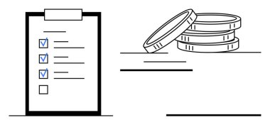 Clipboard with checklist and three stacked coins. Ideal for productivity, goal setting, budget planning, financial management, task prioritization, success tracking, simple flat metaphor