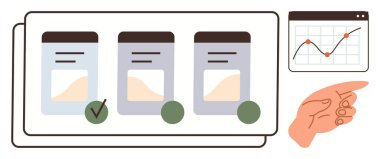 Task cards with checkmarks, graph showing upward trend, and pointing hand symbolizing analysis, prioritization. Ideal for project management, strategy, productivity, business goal, teamwork