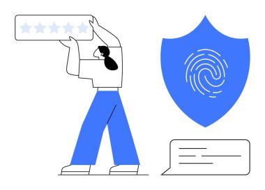 User holding five-star rating, blue security shield with fingerprint, speech bubble symbolizing trust, feedback, and digital interaction. Ideal for review systems, cybersecurity, trust, feedback
