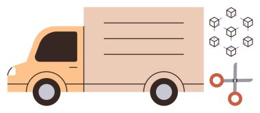 Delivery truck alongside scattered boxes and scissors illustrating shipping, packaging, logistics, warehouse operations, e-commerce delivery, transportation, and goods distribution. Simple flat