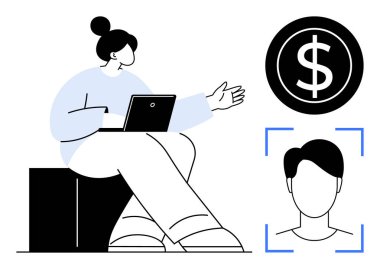 Person seated with laptop and gesturing to a dollar sign and facial recognition icon. Ideal for finance, security, technology, innovation, data privacy, identity management, simple flat metaphor