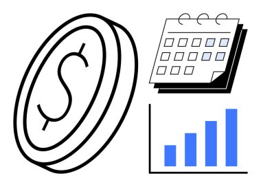 Dollar coin, monthly calendar, and rising bar chart demonstrating budgeting, profit tracking, deadlines, and growth management. Ideal for finance, business strategy goals planning savings. Simple