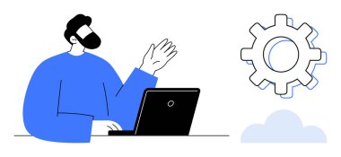 Man gesturing near laptop, gear representing technology, innovation. Ideal for tech support, collaboration, workflow, automation, IT, knowledge sharing simple flat metaphor