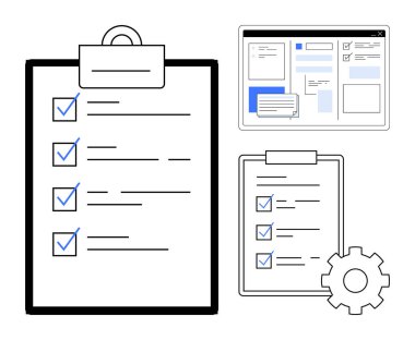 Checklists on clipboard, digital interface with tasks and forms, gear symbolizing process improvement. Ideal for planning, productivity, organization, workflow, strategy, business simple flat