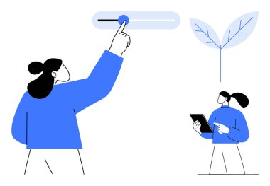 Person interacts with digital slider another reviews tablet data, with highlighted leaf motif. Ideal for sustainability, innovation, teamwork, growth, technology, user experience, simple landing page